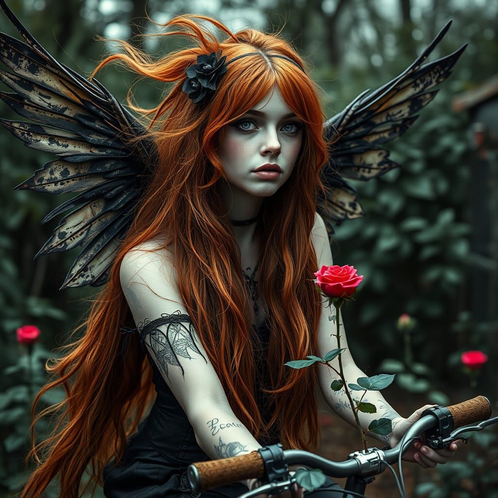 Gothic Redhead Biker in Eerie Garden