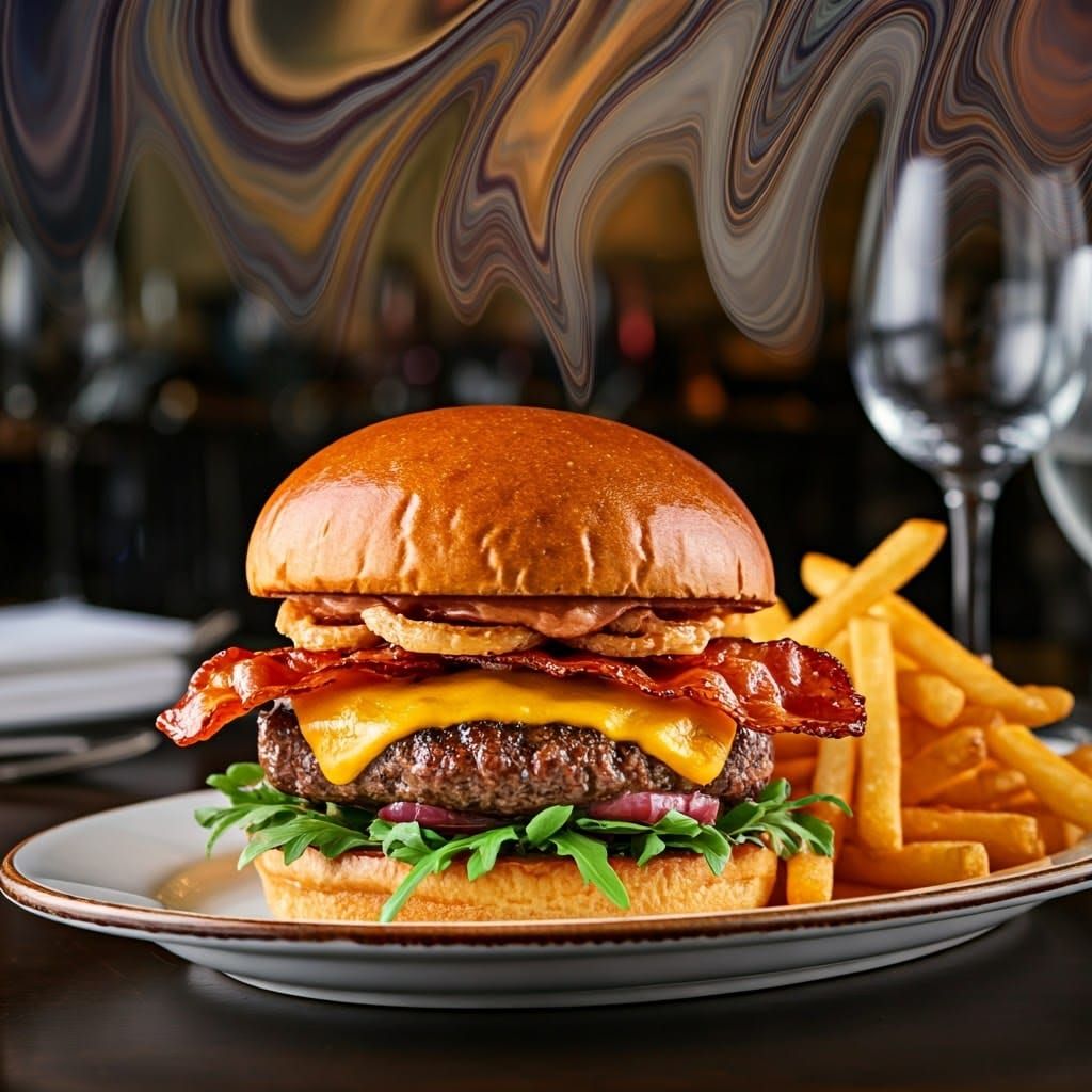 Surreal Cheeseburger with Fries in Upscale Restaurant