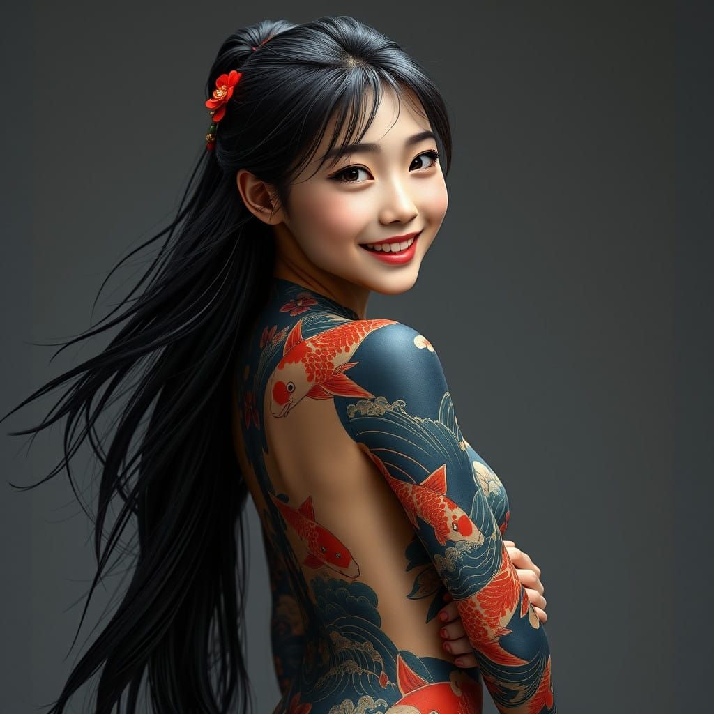 Elegant Teen Girl Adorned with Traditional Japanese Tattoos ...