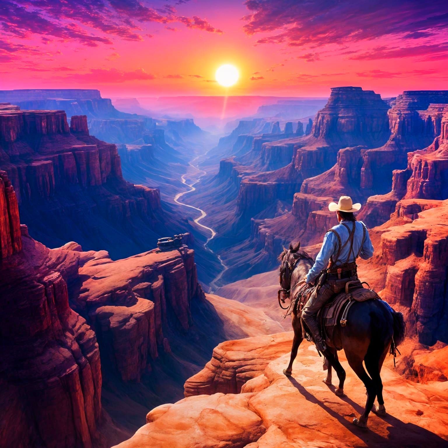 Vaporwave Cowboy Sunset Over Desert Canyon