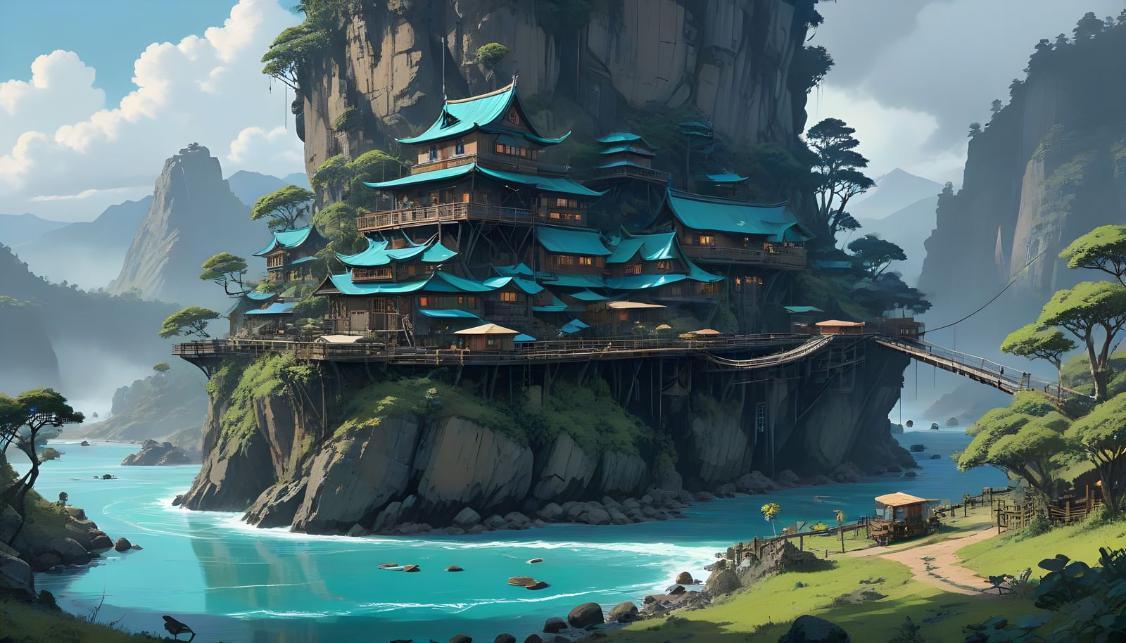 Whimsical Village Perched Above a Serene Canyon Waterway in ...