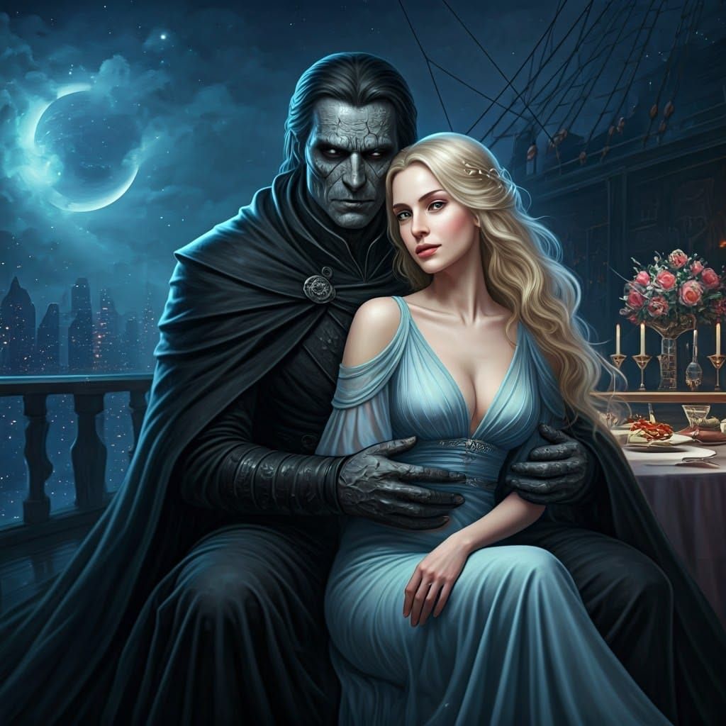 Ethereal Woman Sits Beside Dark-Haired Man on Majestic Night...