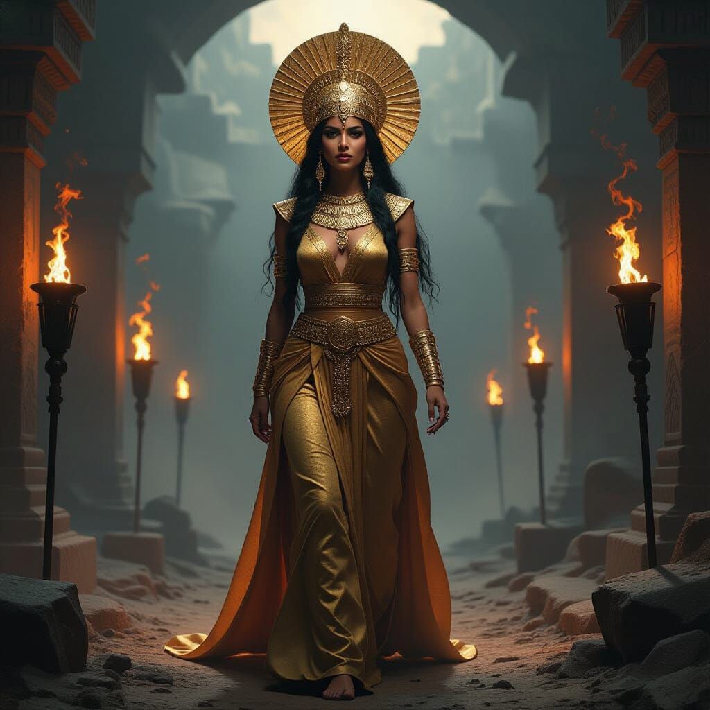 Goddess Inanna's Descent: Mesopotamian Dark Fantasy Art