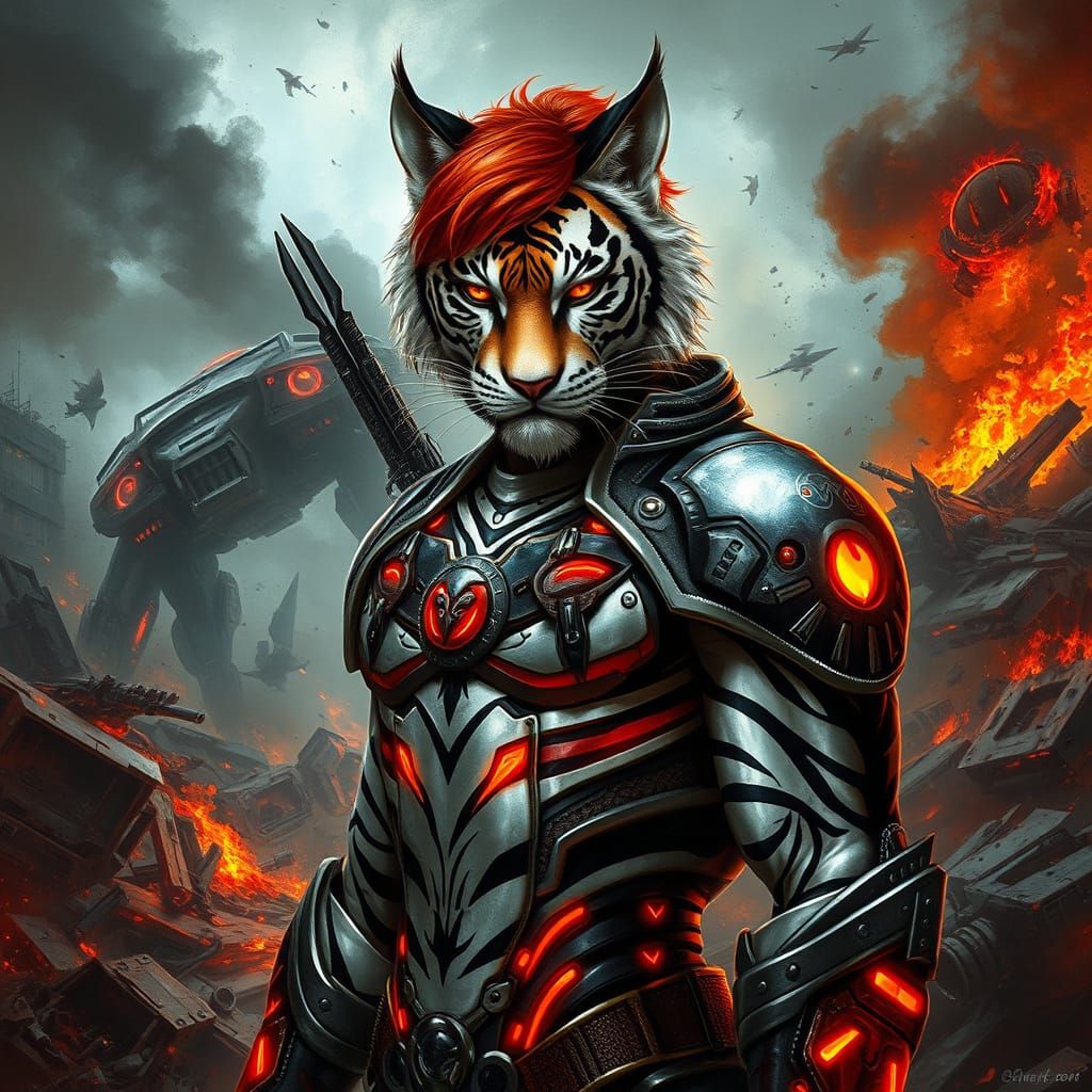 Cyberpunk Feline Warrior in High-Tech Armor