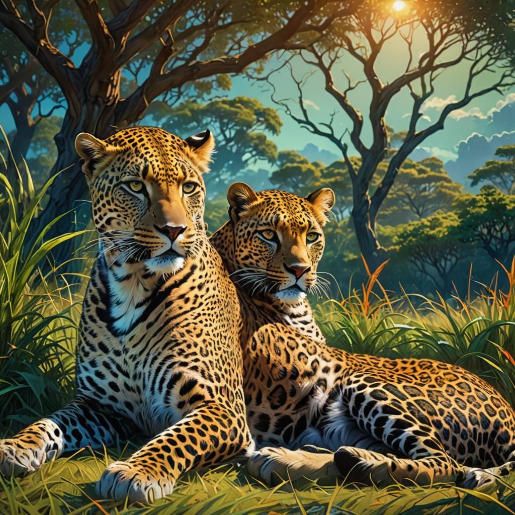 Girl and Leopard on African Plains: Hyper-Realistic Art