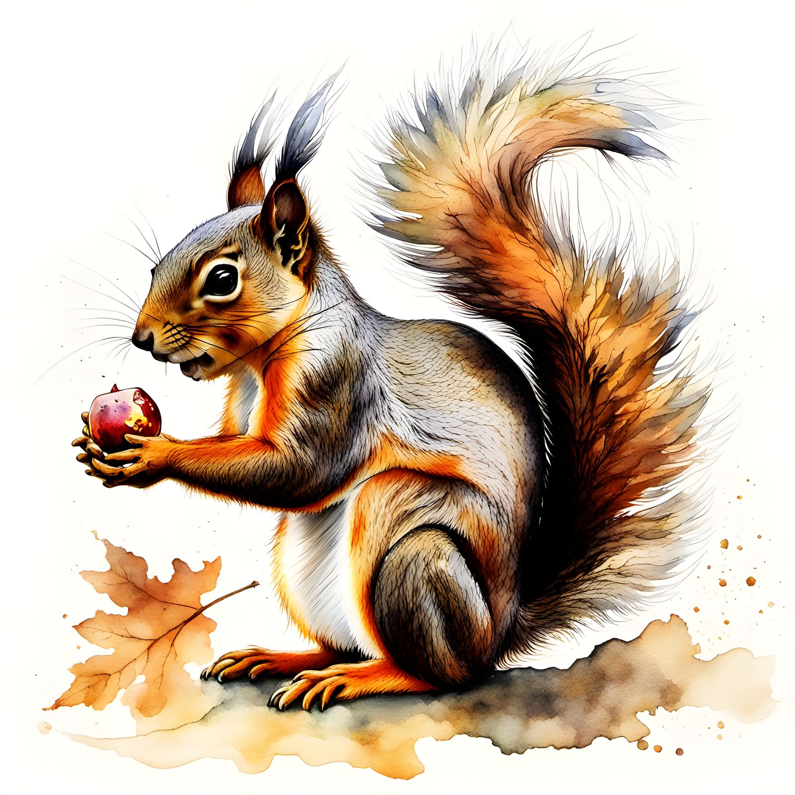 Squirrel Eating Nut in Watercolor Style