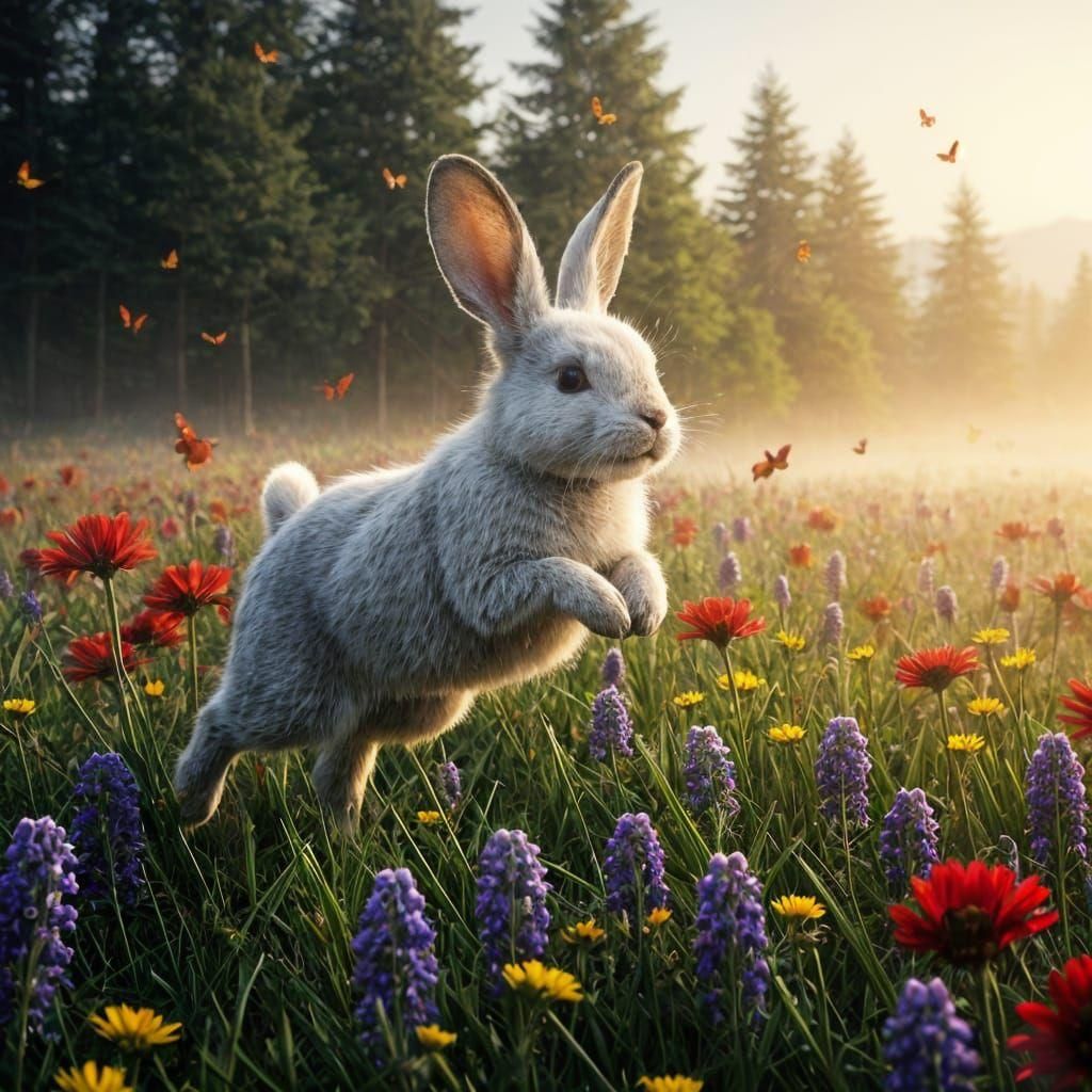 Bunny's Leap in Wildflowers: Dreamy Watercolor Scene