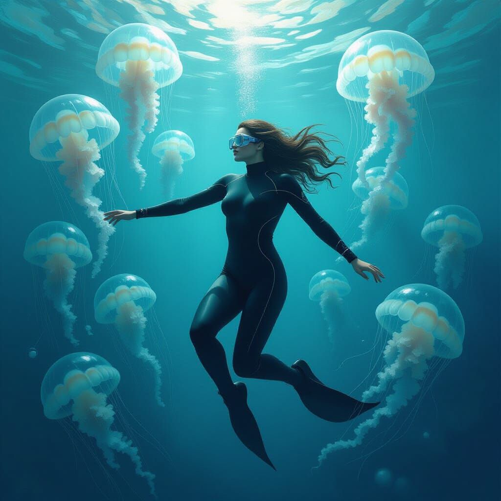 Free-Diver with Jellyfish in Dark Fantasy Elegance