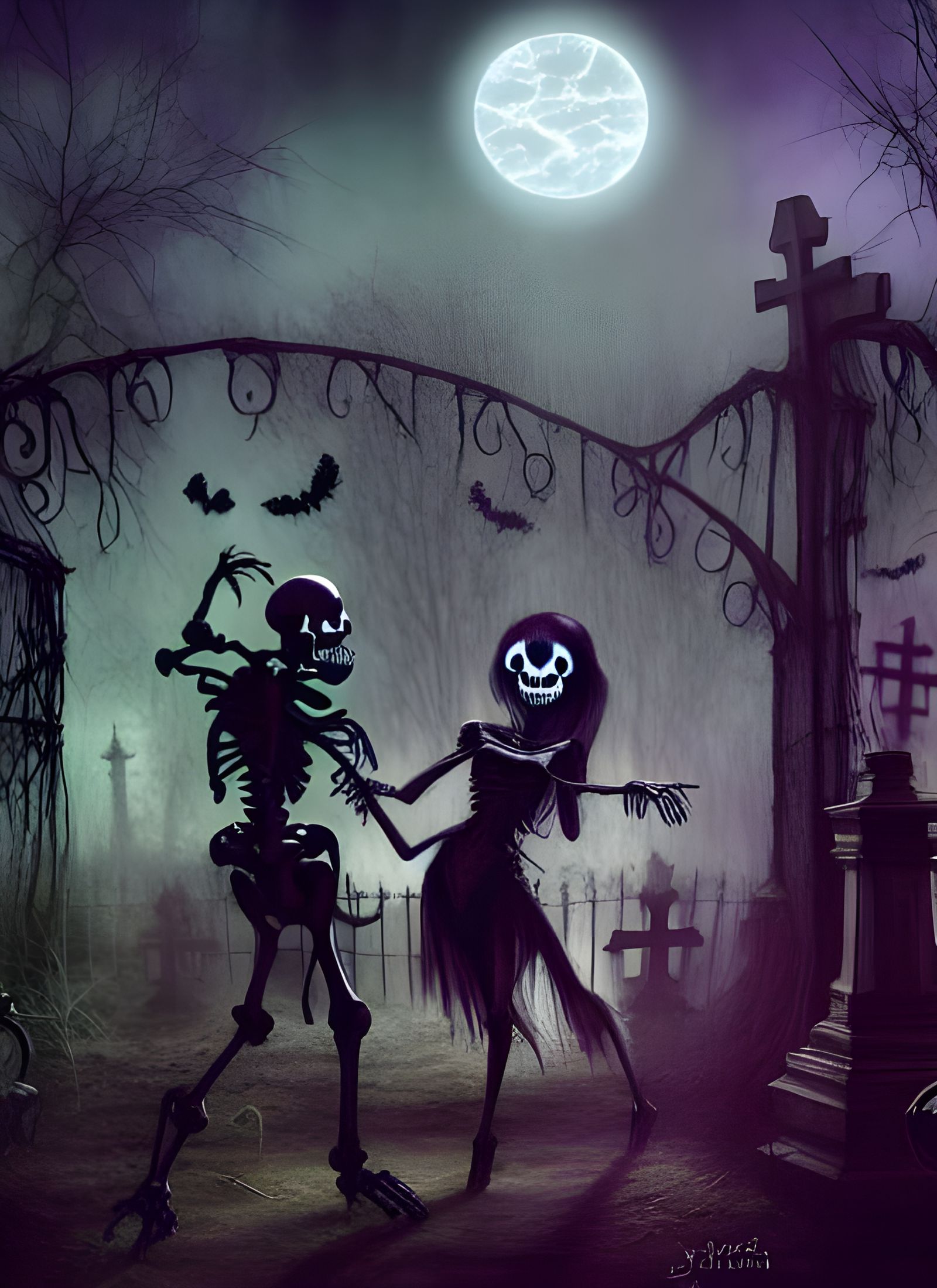 Cute Skeletons Dancing in Spooky Graveyard