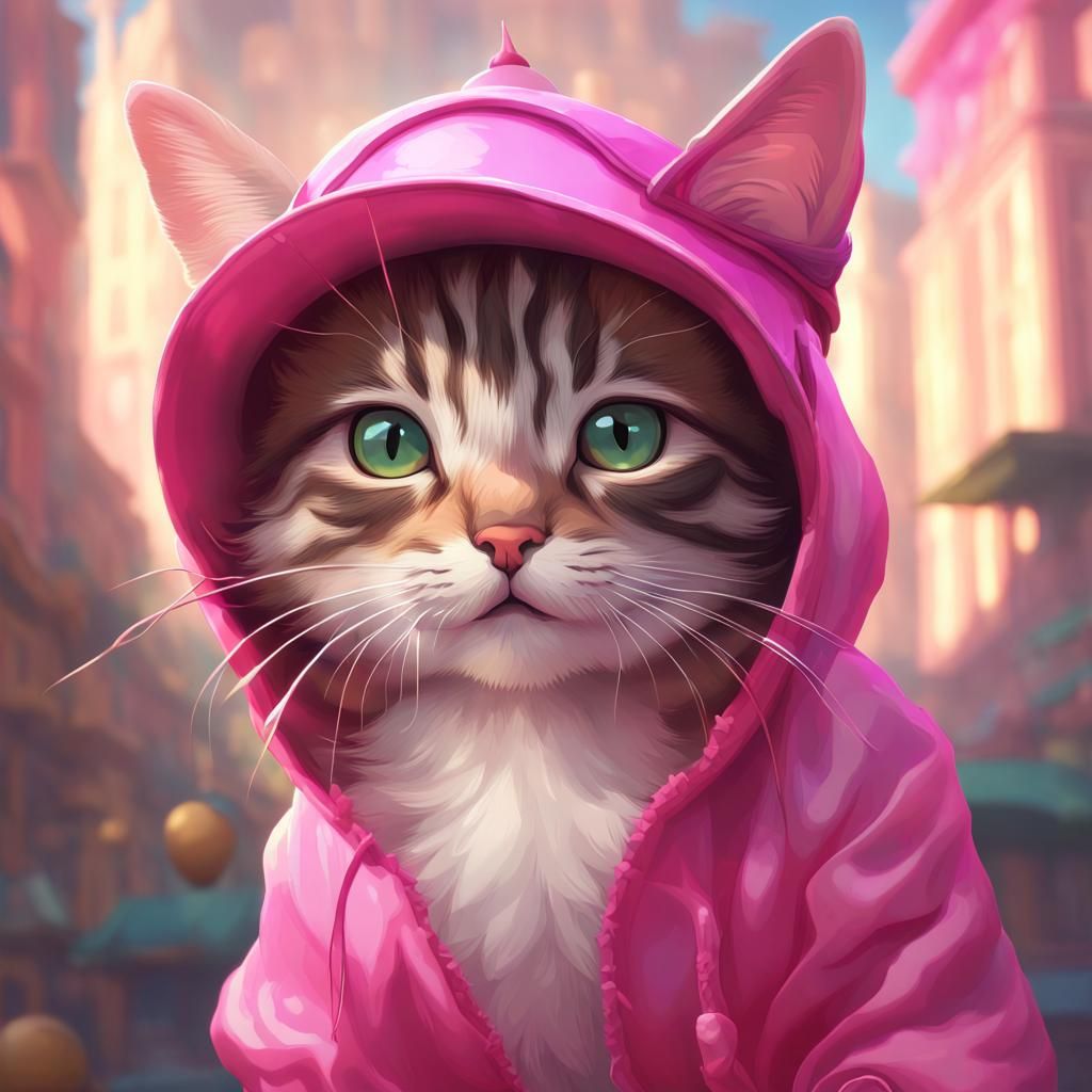Cute Kitten in Pink Hat: Detailed Digital Art