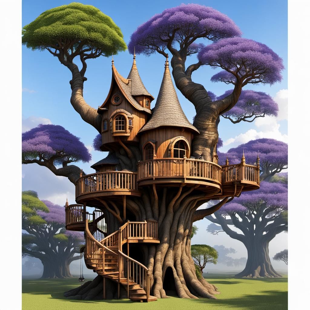 majestic fantasy tree house with spiral staircase and turret in a jacaranda tree
