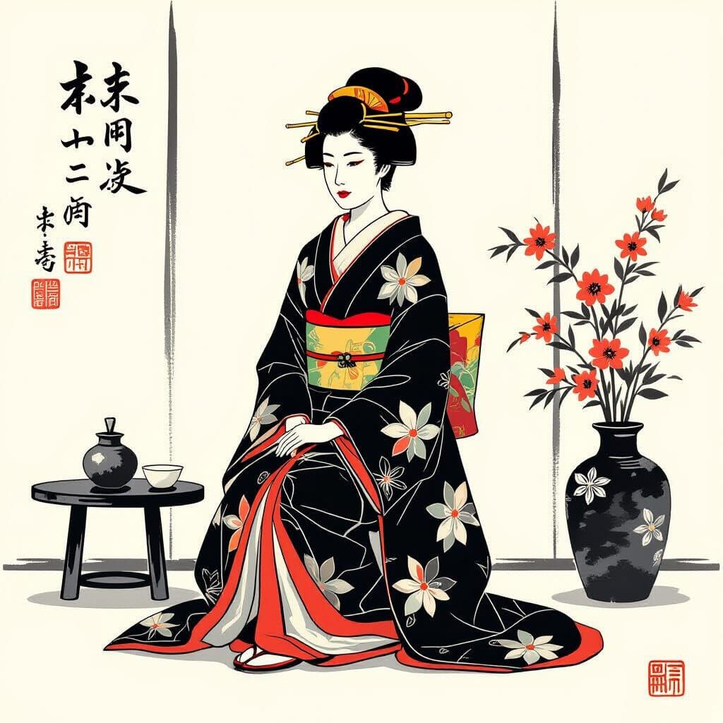 Lonely Woman in Sumi-e Style Portrait