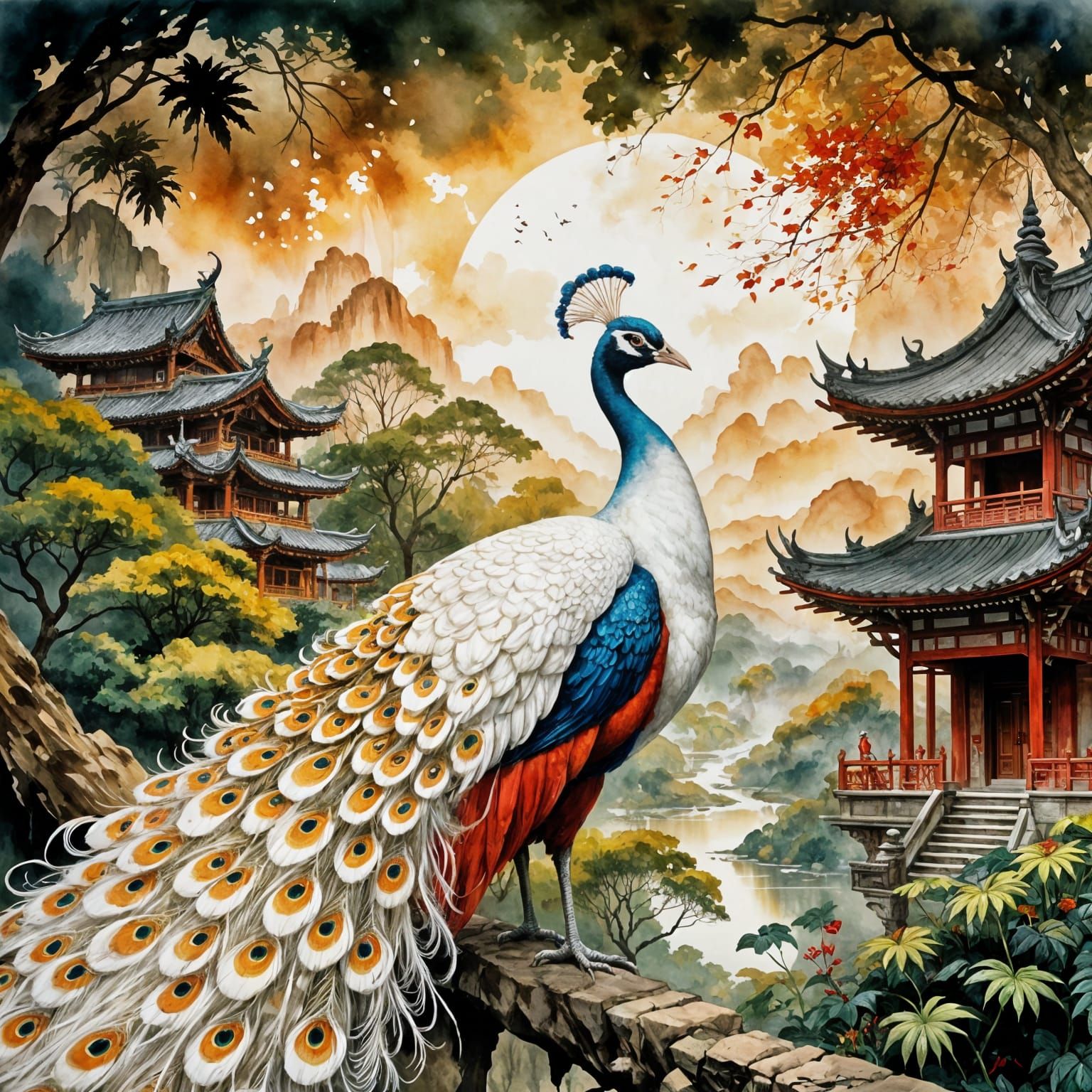 Ethereal Peacock Amidst Majestic Asian Landscape