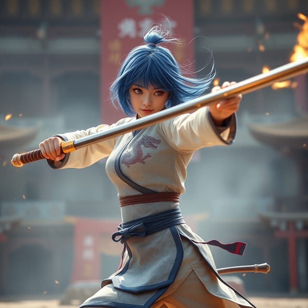Blue-Haired Martial Artist with Sword in Arena