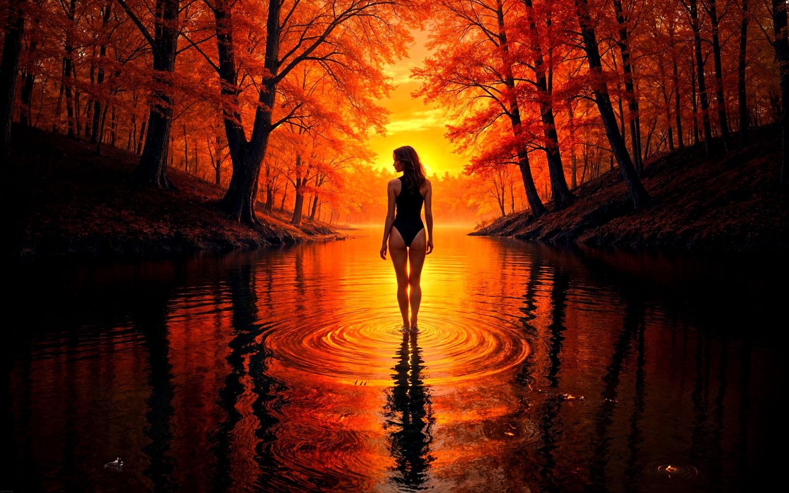 Autumn Lake Mirroring Woman in Burning Forest