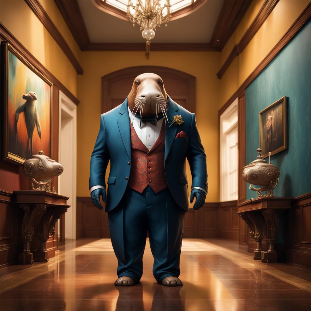 Robotic Walrus Butler in Richly Decorated Hallway
