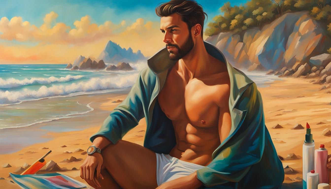 Nude Man Posing on Beach, Hyperrealistic Oil Painting