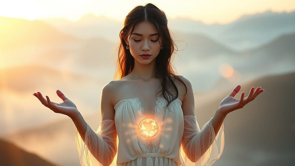 Ethereal Woman Radiates Healing Love in a Dreamy Landscape