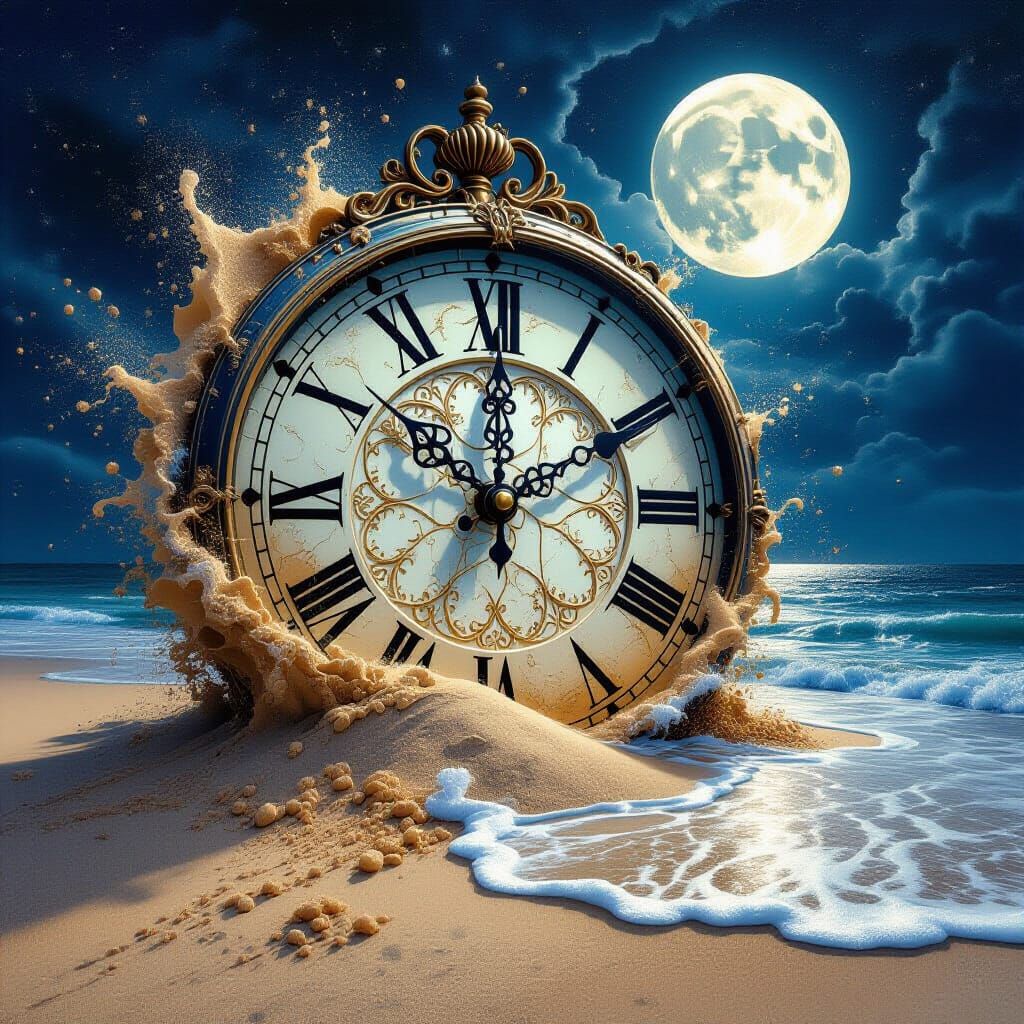 Surreal Clock Dissolving into Ocean at Midnight