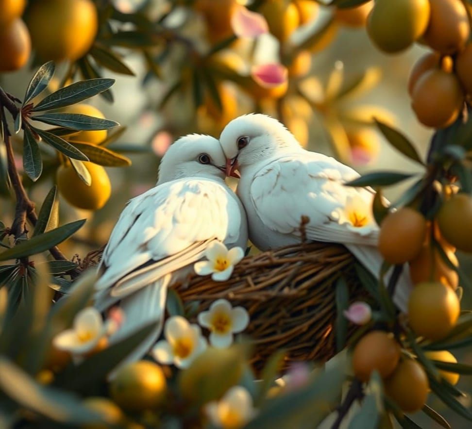 Doves in Olive Tree: Tender Moment in Soft Dawn Light