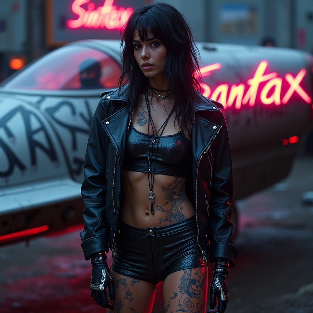 Cyberpunk Woman with Neon Tattoos and Space Ship