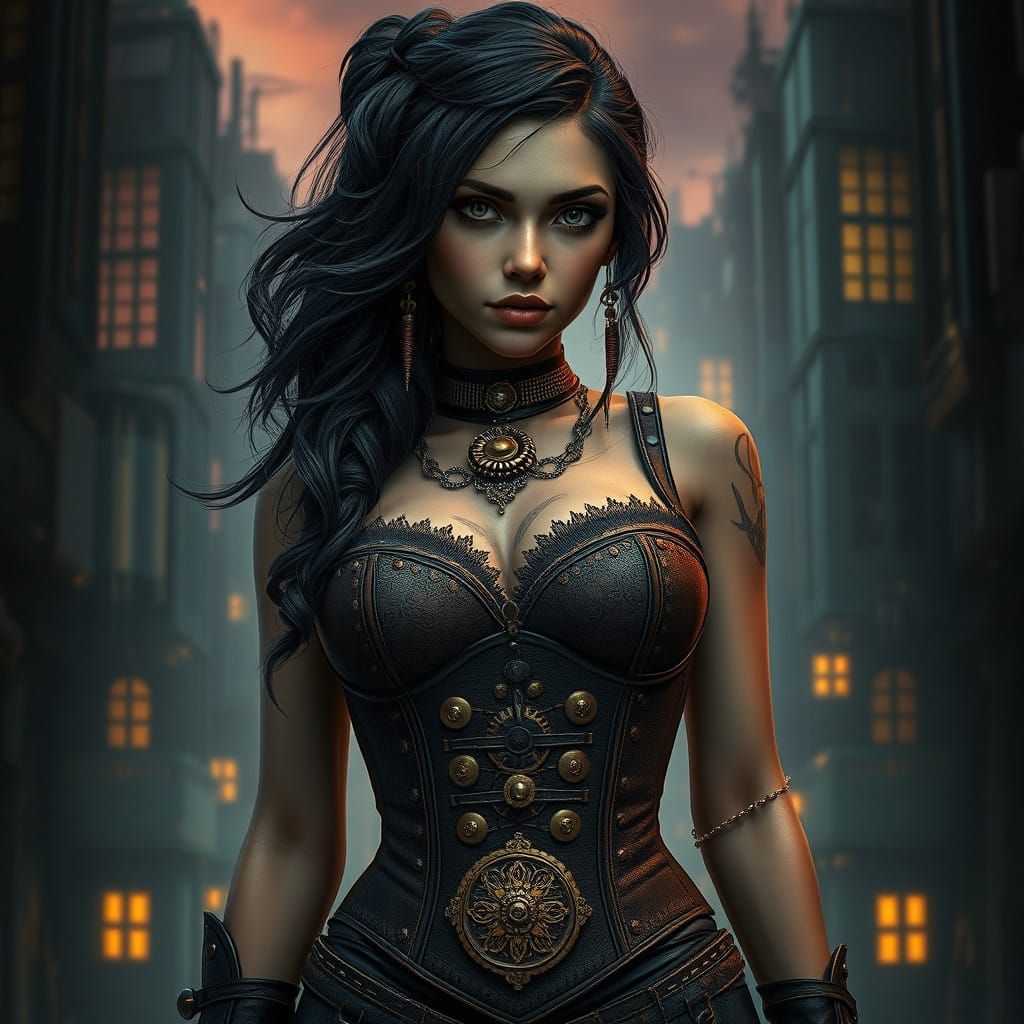 Steampunk Goddess in Industrial Metropolis