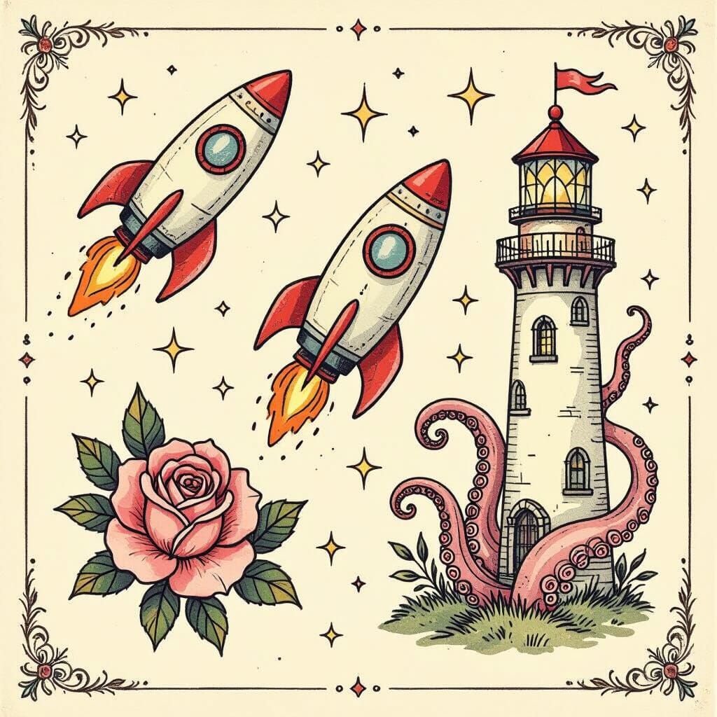 Whimsical Flash Tattoo Sheet in Vintage Style