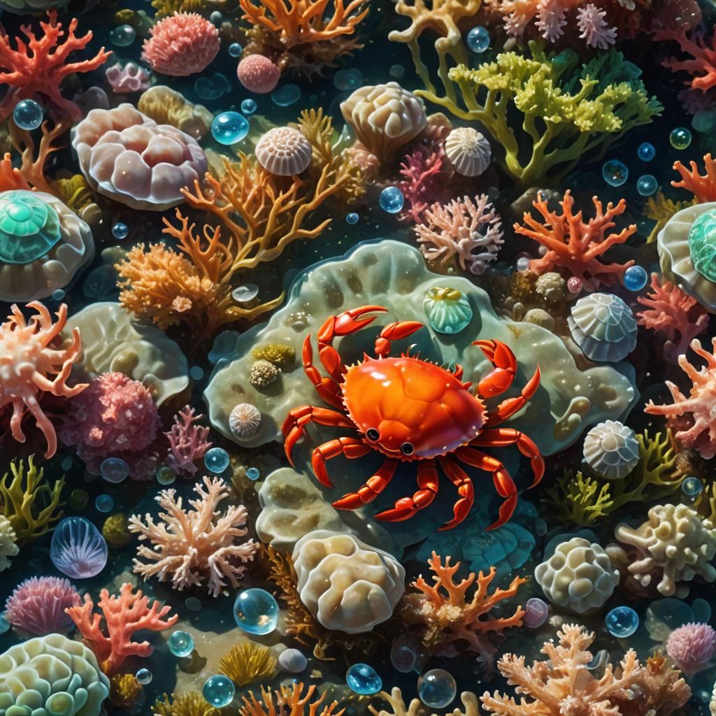 Adorable Red Crab in Coral Reef, Digital Art