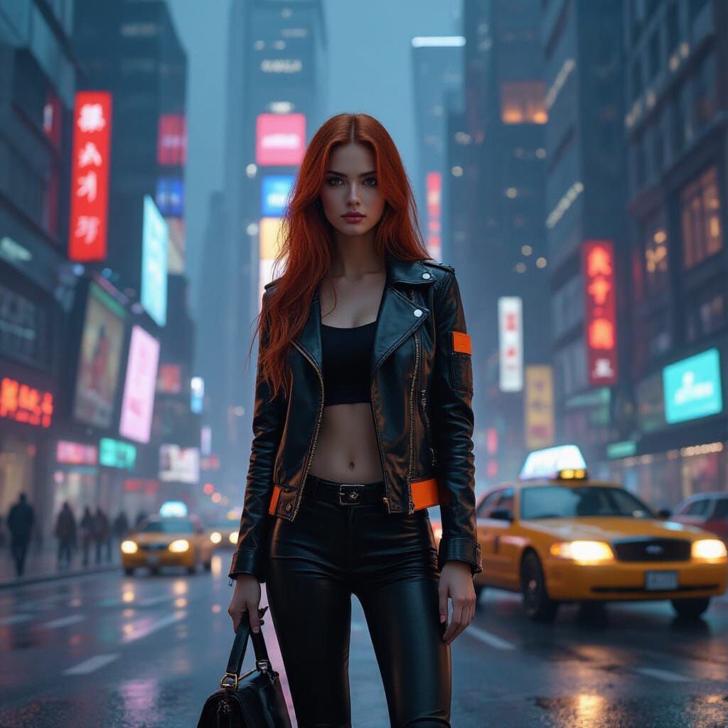 Cyberpunk Cityscape with Woman in Leather Jacket