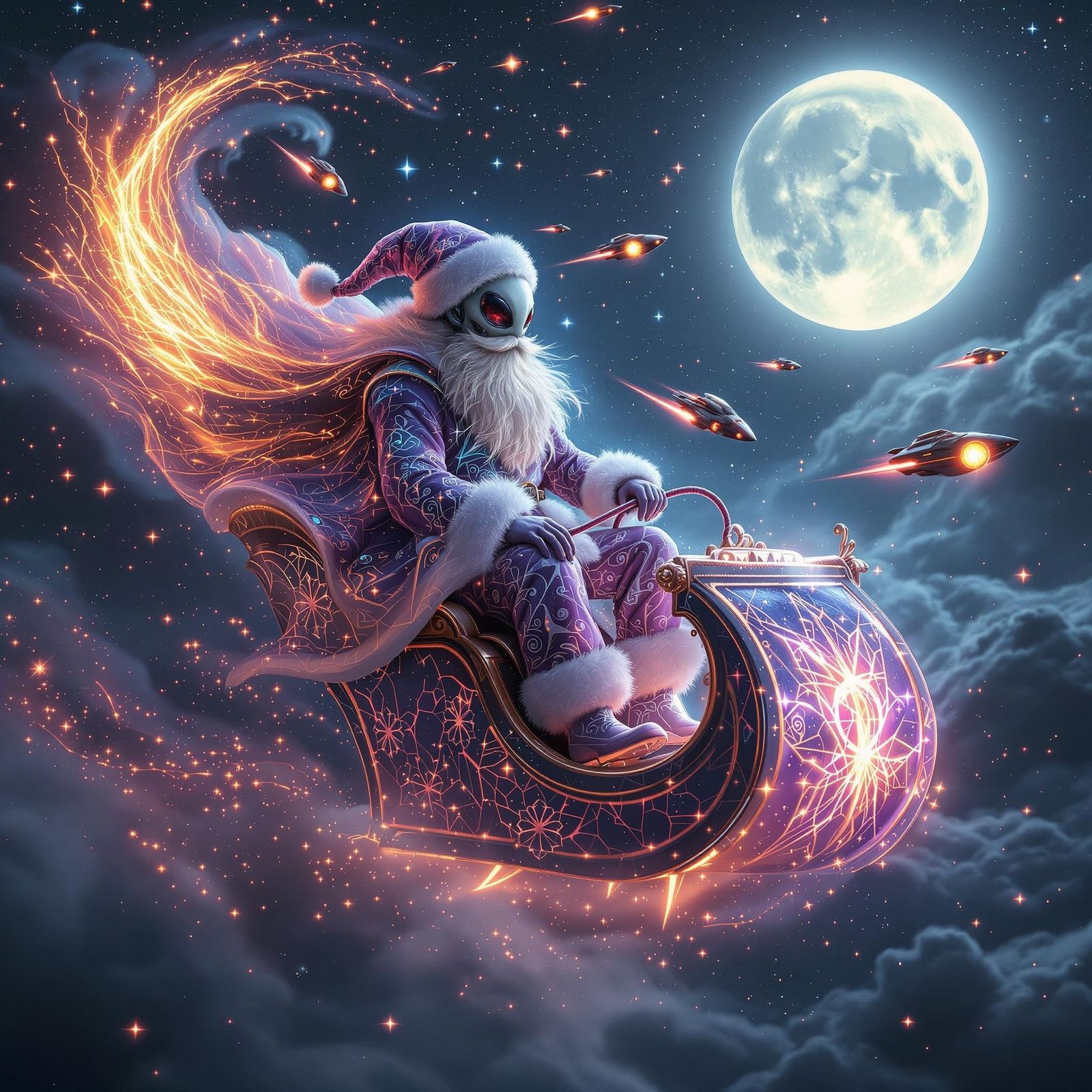 Surreal Alien Santa Rides Cosmic Sleigh