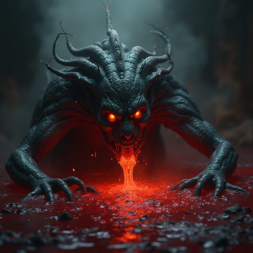 Gothic Hellish Creature Emerges from Crimson Pool