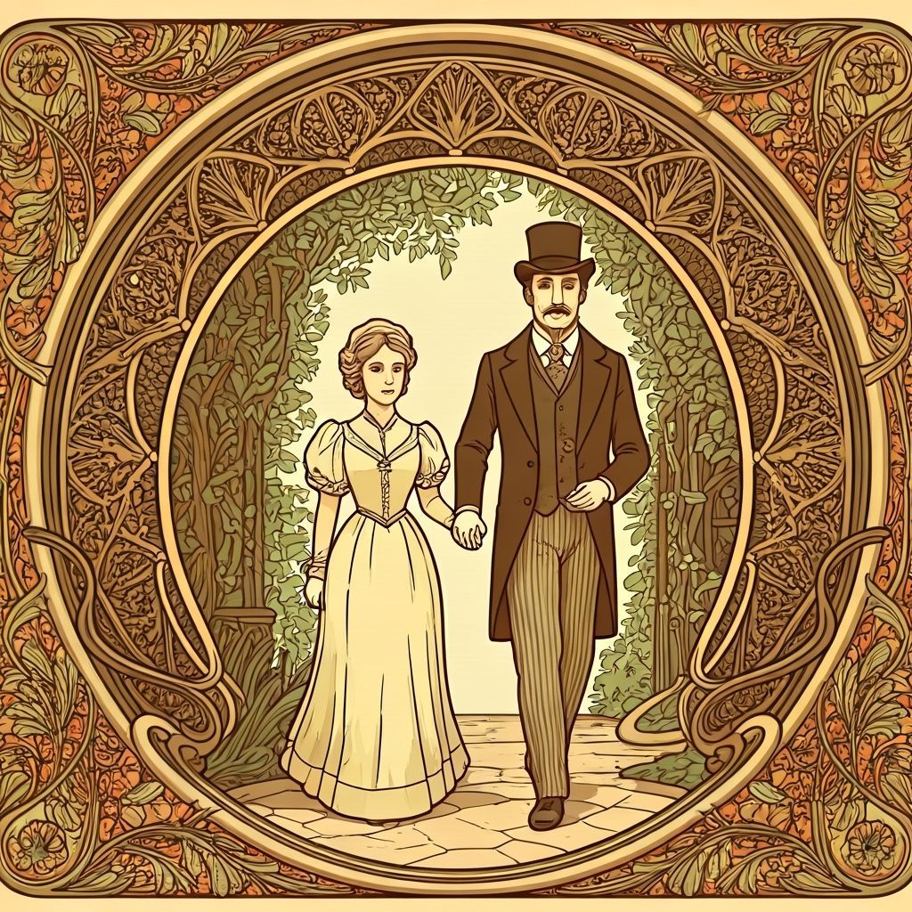 Victorian Pen and Pencil Couple in Art Nouveau Garden