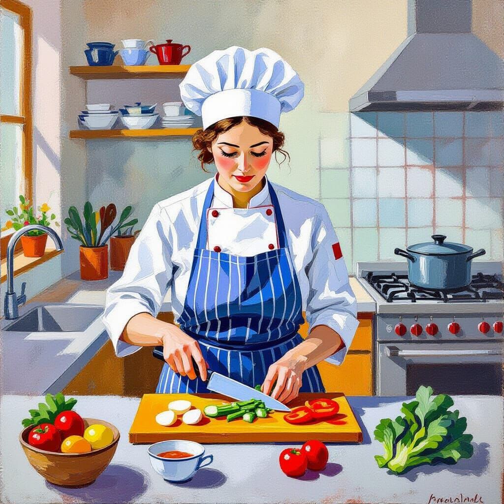 Experienced Chef Cutting Vegetables, Hockney Style