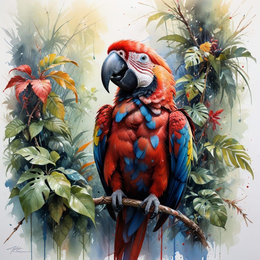 Scarlet Macaw in Dappled Jungle Light, Watercolour Style