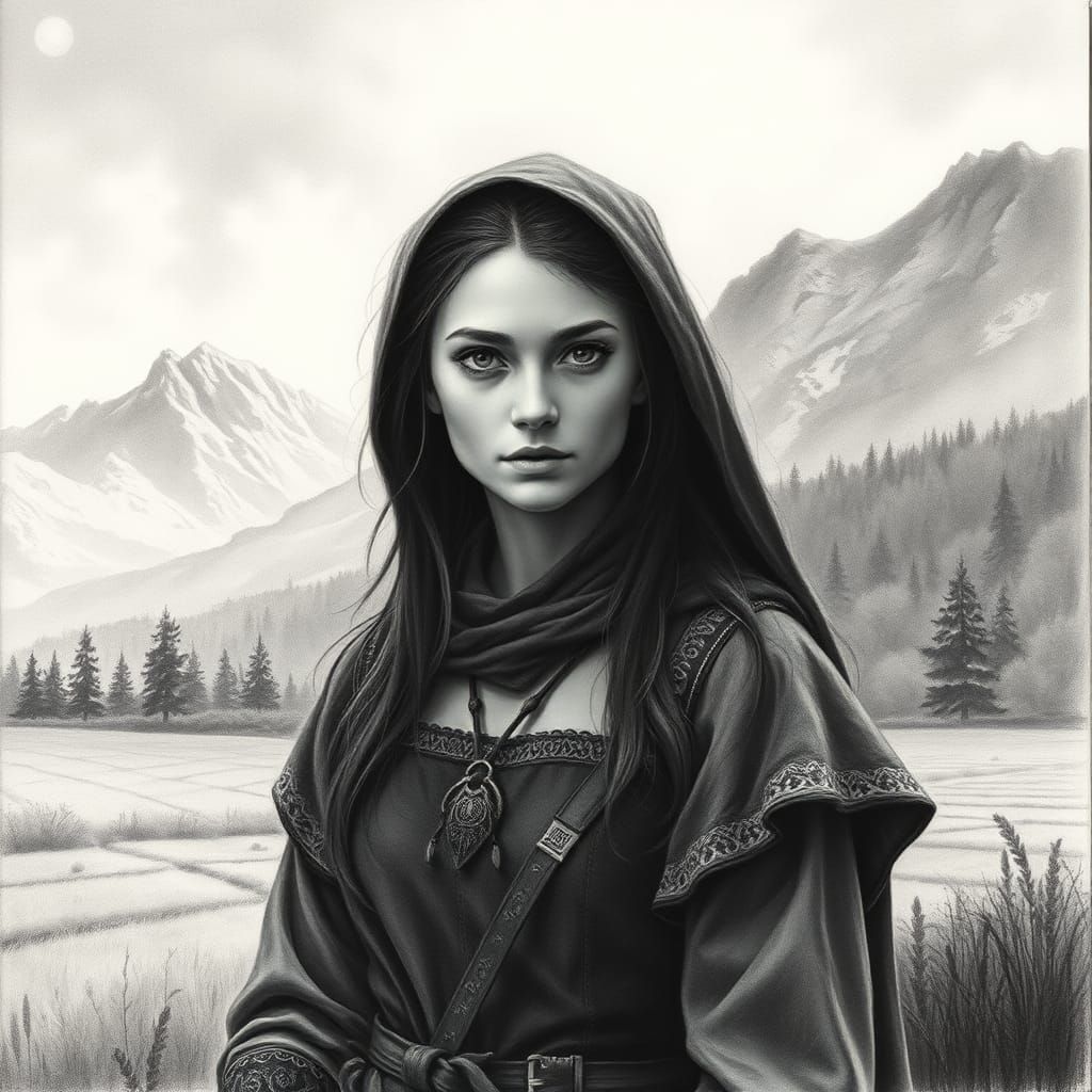 Medieval Village Woman in Charcoal Drawing