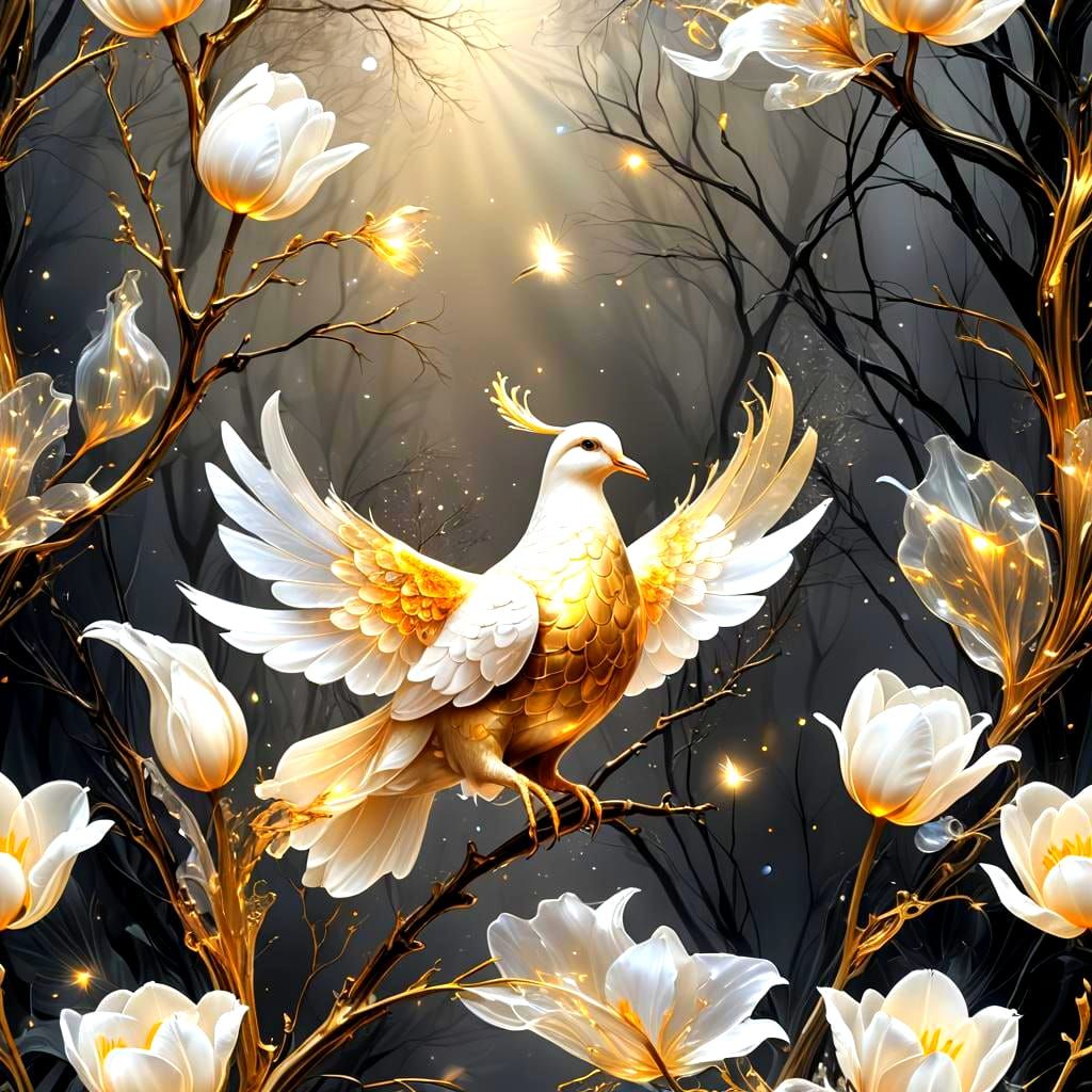 Bioluminescent Golden Dove and White Tulip Close-Up