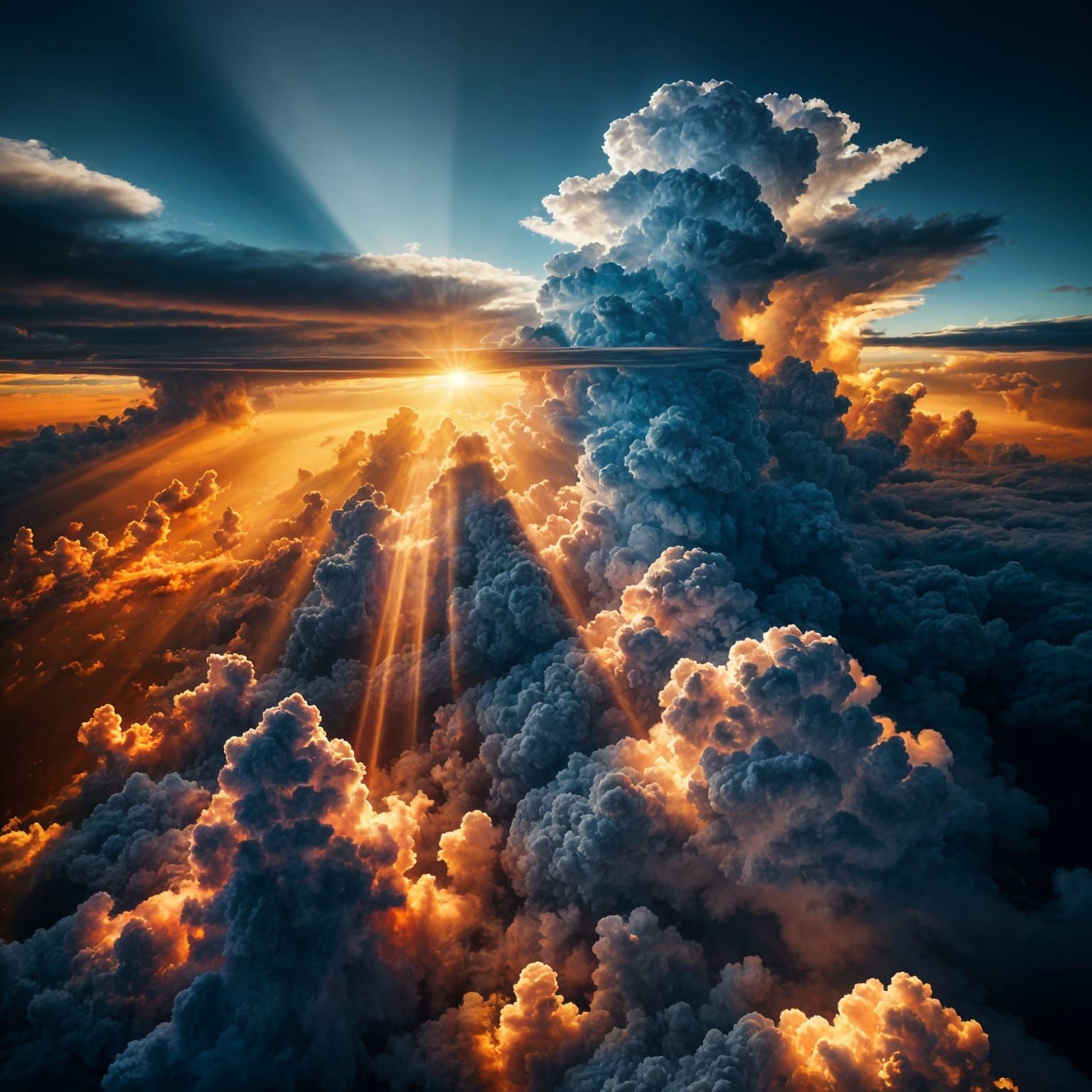 Dramatic Sunset Aerial View Over Towering Clouds
