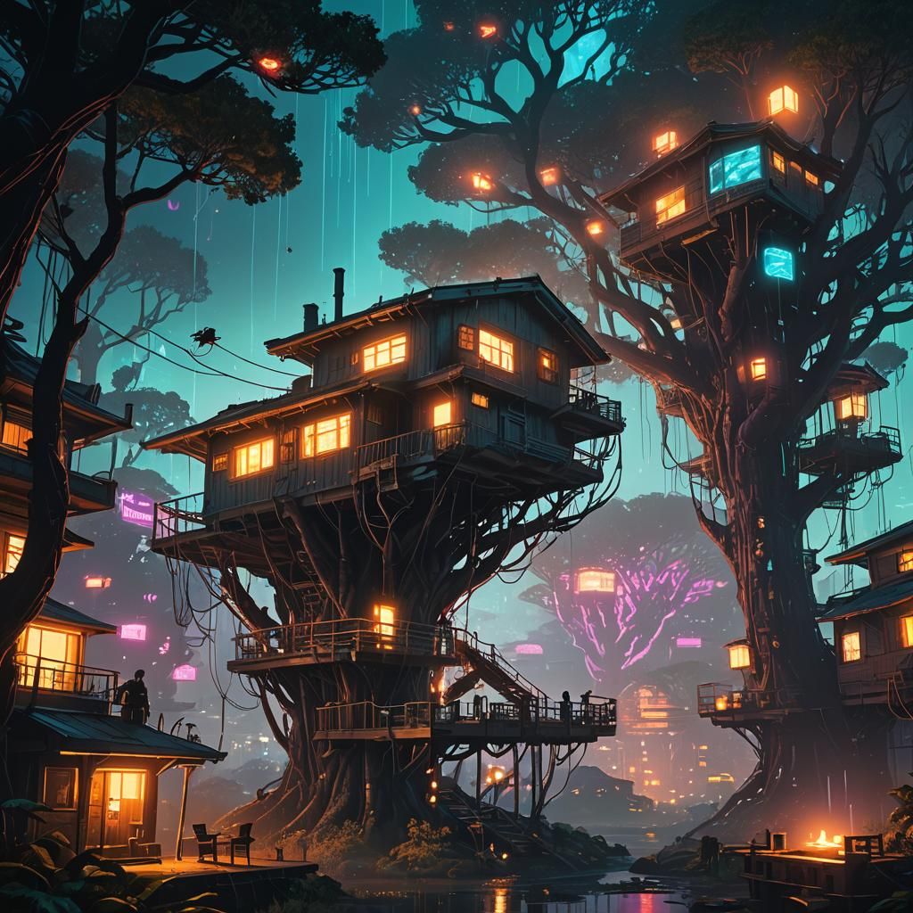 Cyberpunk Treehouse with Bioluminescent Insects