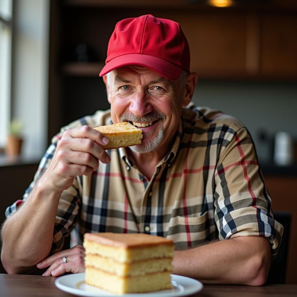 Man in Burberry Shirt Enjoys Cake
