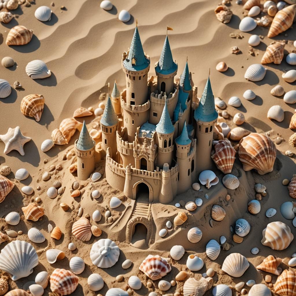 Intricate Seashell Sandcastle at Golden Hour: Digital Art