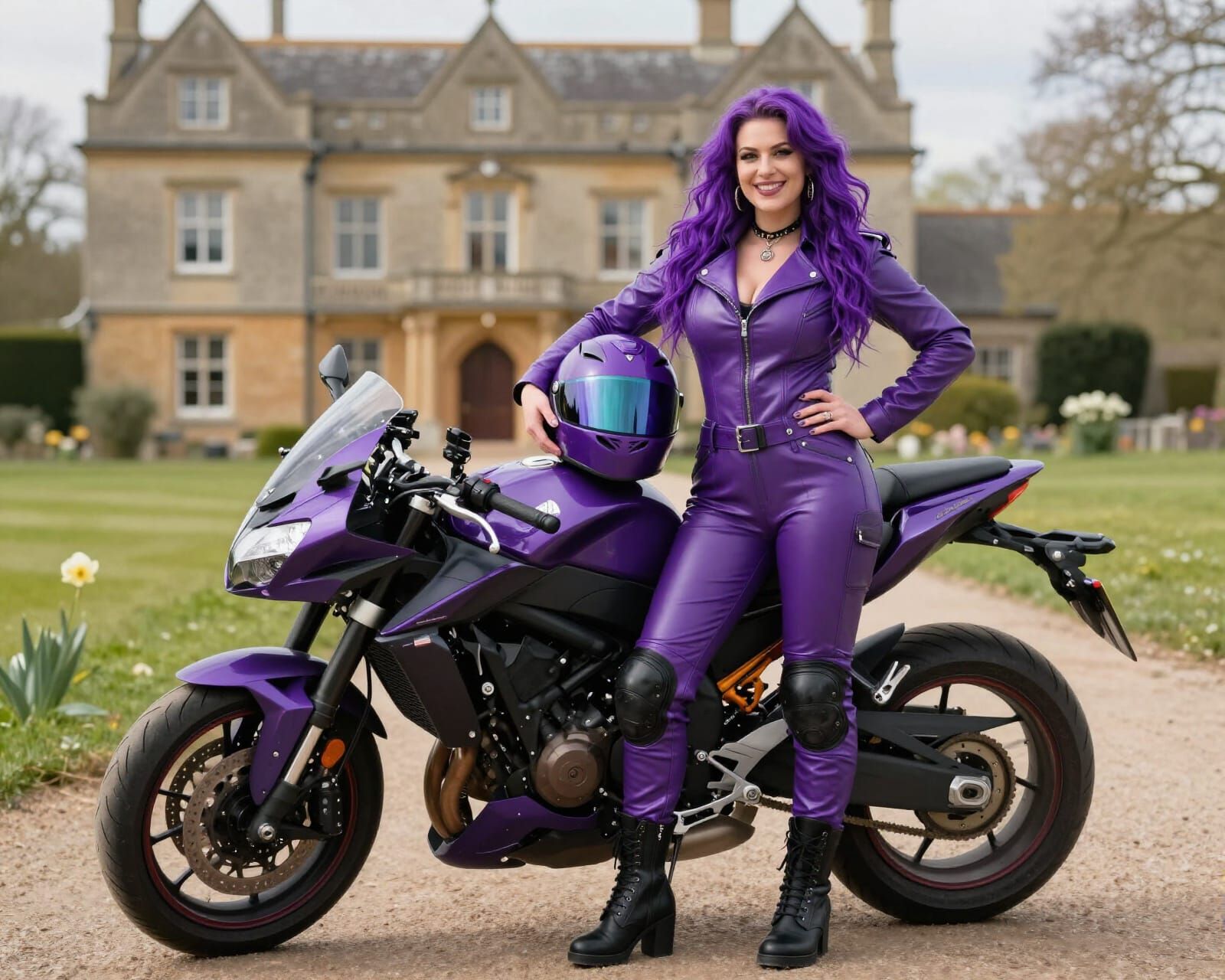 Biker Woman with Purple Hair on Easter Day