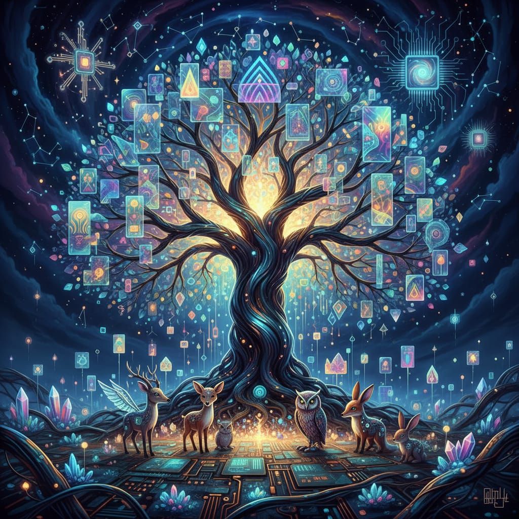 Glowing Fiber Optic Tree Symbolizing Tech and Nature Union