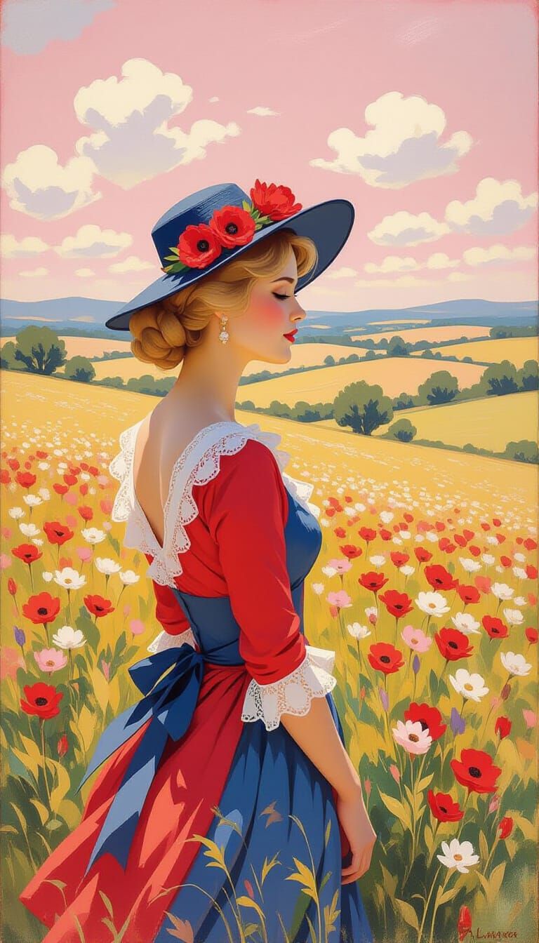 Belle Epoque Woman in Flowery Field, Impressionist Style