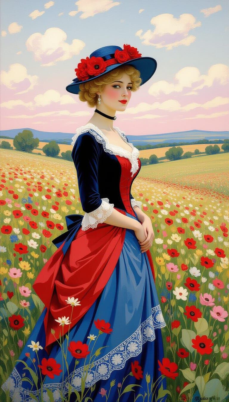 Belle Époque Lady in Flowery Field, Impressionist Oil Painti...