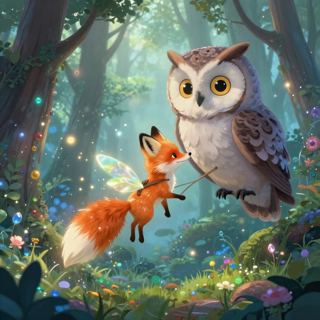 Tiny Fox Rides Giant Owl Over Enchanted Forest in Morning Mi...