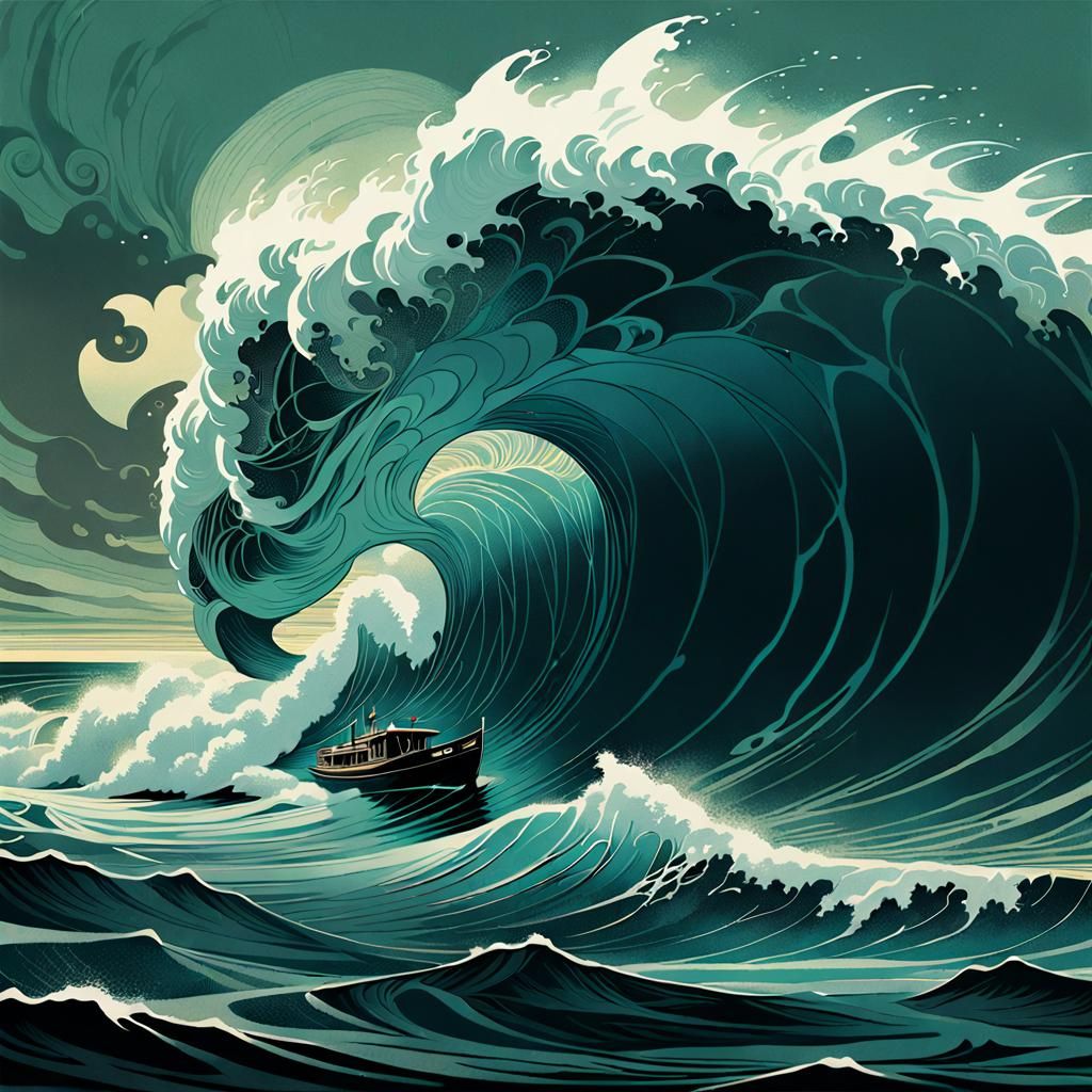 Cataclysmic Wave Art Nouveau Silkscreen Print