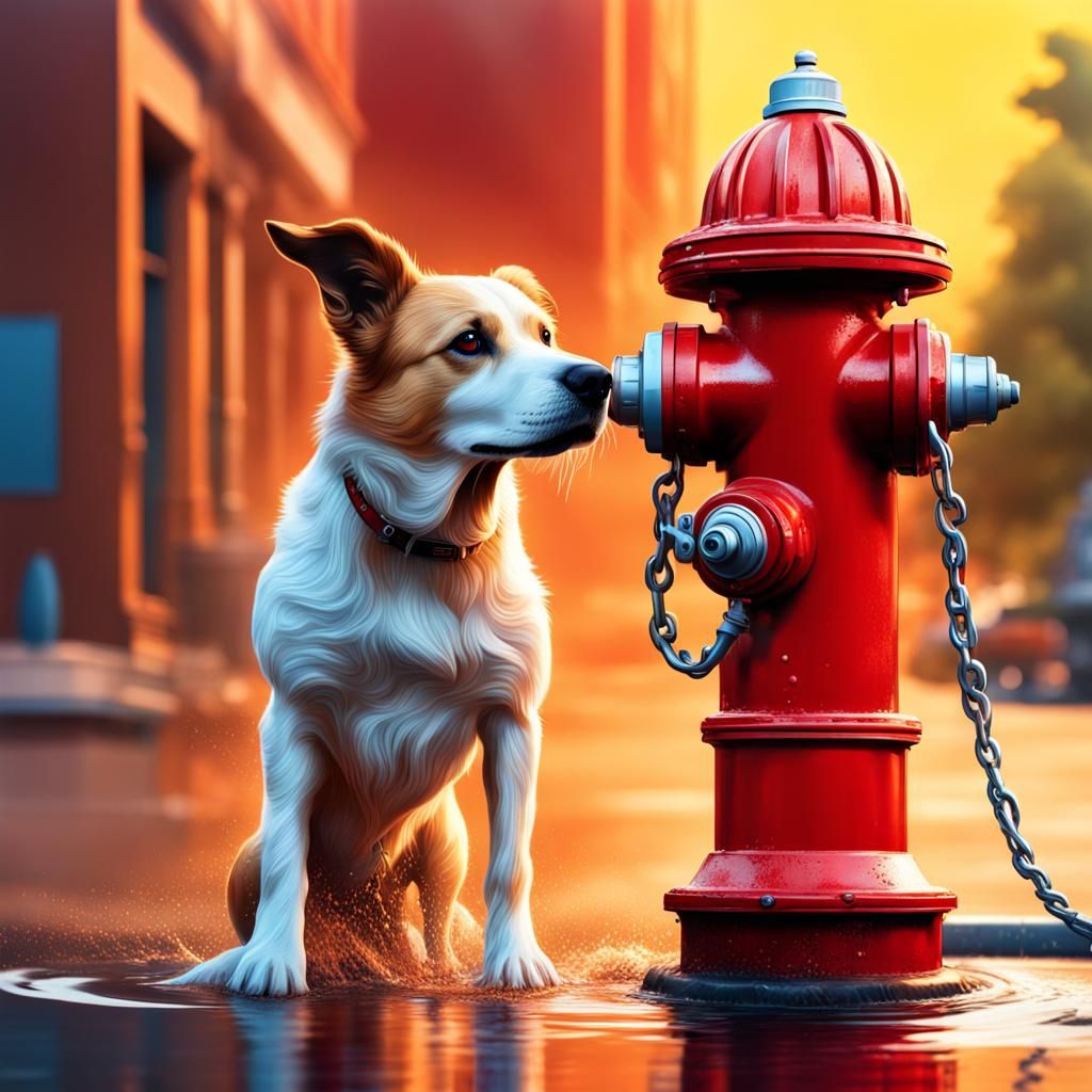 Fire Hydrant Humorously Peeing on Dog: Hyperrealistic Art