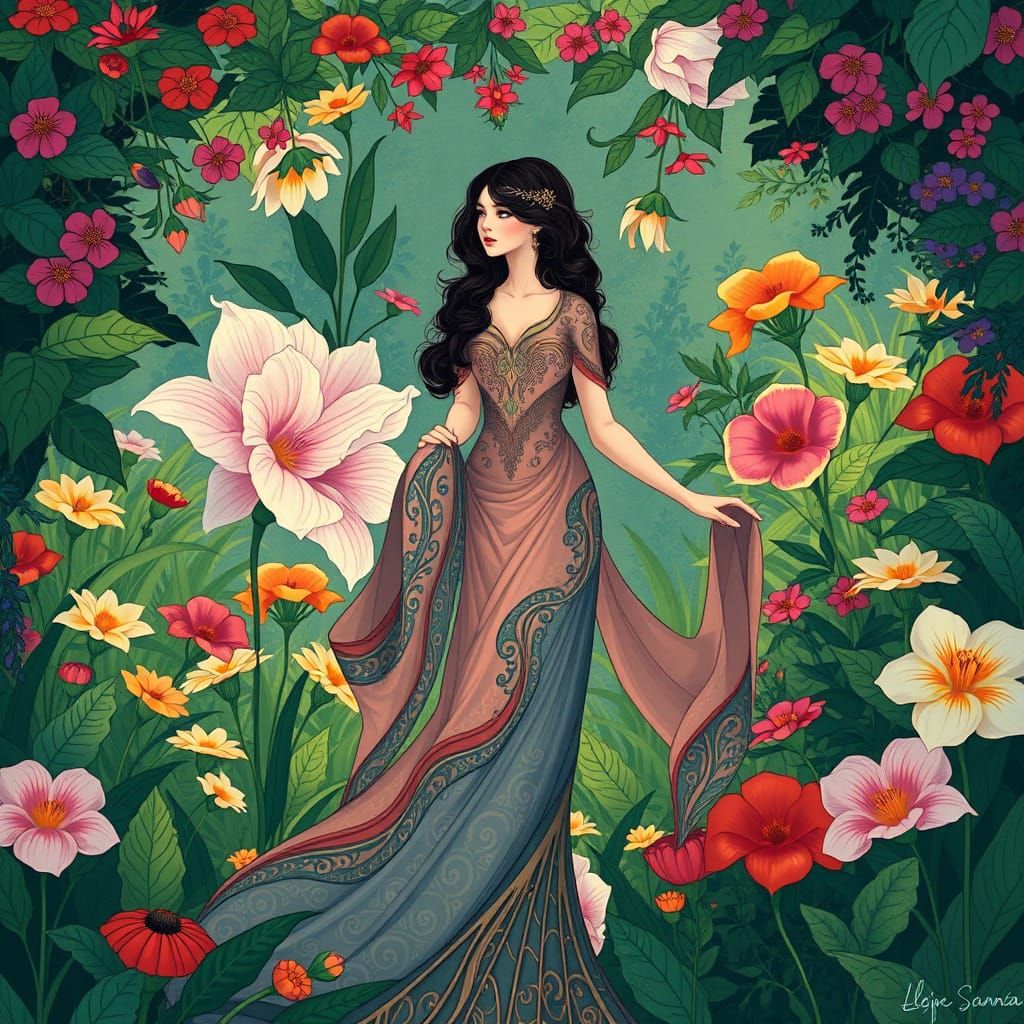 Art Nouveau Woman in Lush Garden