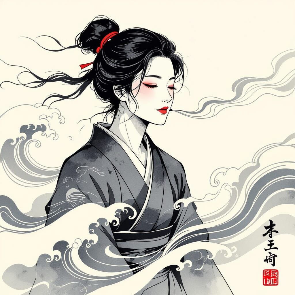 Androgynous Figure in Japanese Ink Style