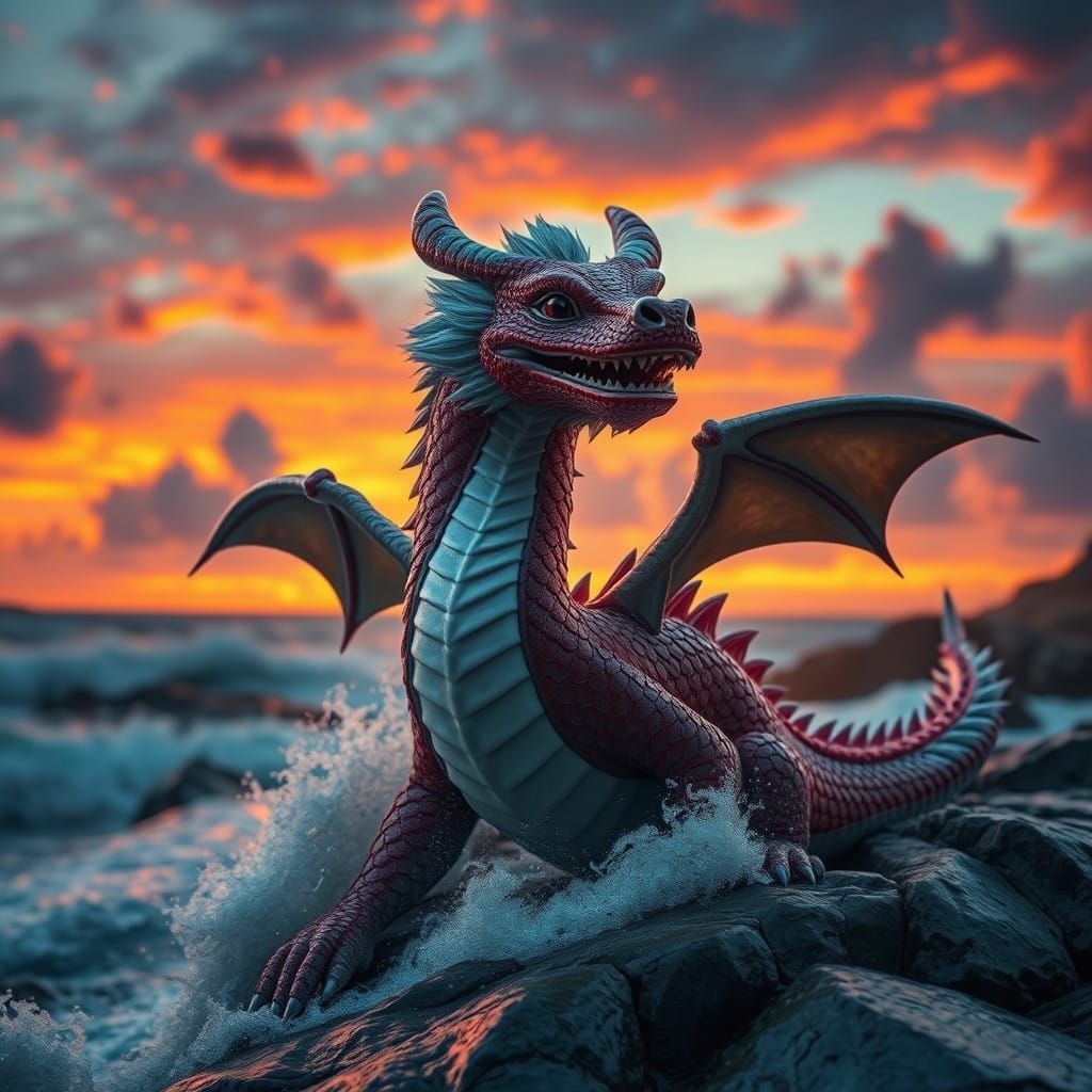 Surreal Dragon soars above Turbulent Autumn Seascape in Hona...